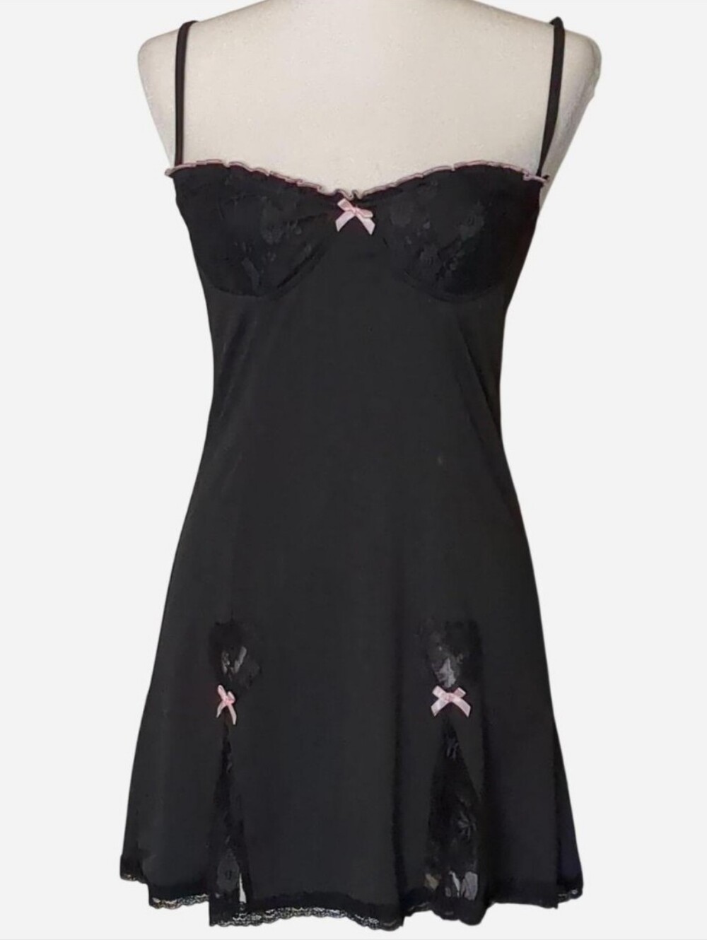 Y2K Black Lace Bow Coquette Slip Dress Mall Goth Camisole Mini Dress Size M